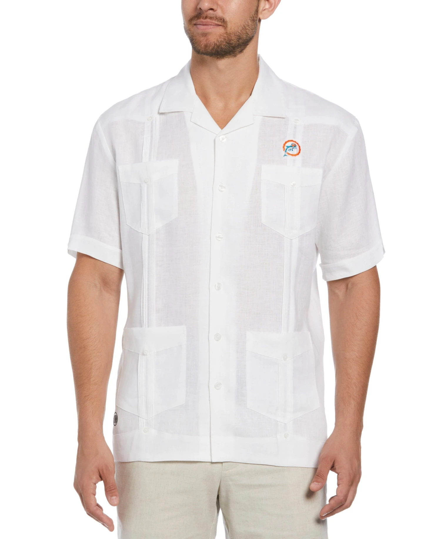 Big & Tall Miami Dolphins Throwback Logo Linen Short Sleeve 4 Pocket Guayabera 3 Big & Tall Miami Dolphins Throwback Logo Linen Short Sleeve 4 Pocket Guayabera