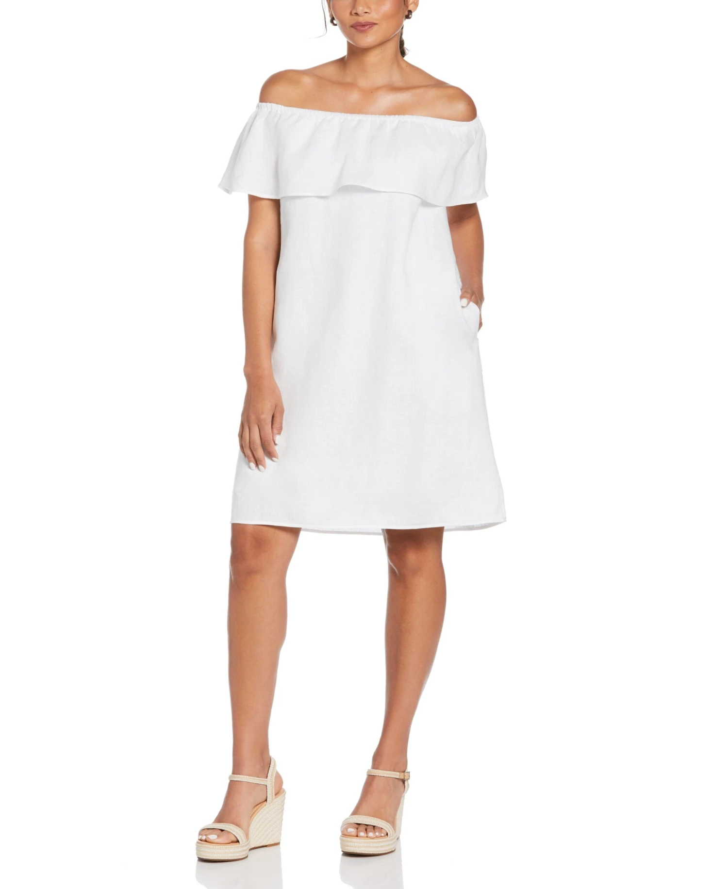 Linen Off-The-Shoulder Knee-Length Dress 3 Linen Off-The-Shoulder Knee-Length Dress