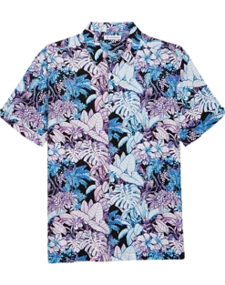 Cubavera Modern Fit Short Sleeve Sport Shirt, Blue & Pink Tropical Floral