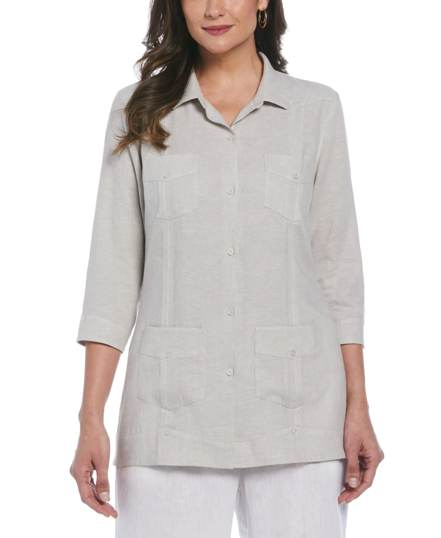 Women's Two-Tone Linen Blend Guayabera Shirt 3 Women's Two-Tone Linen Blend Guayabera Shirt